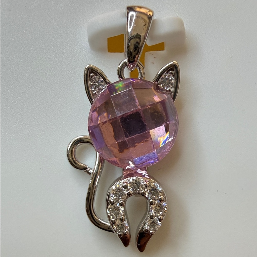 Pink Moissanite Cat Pendant 925 Sterling Silver 0.50 CTW Cute Necklace Charm